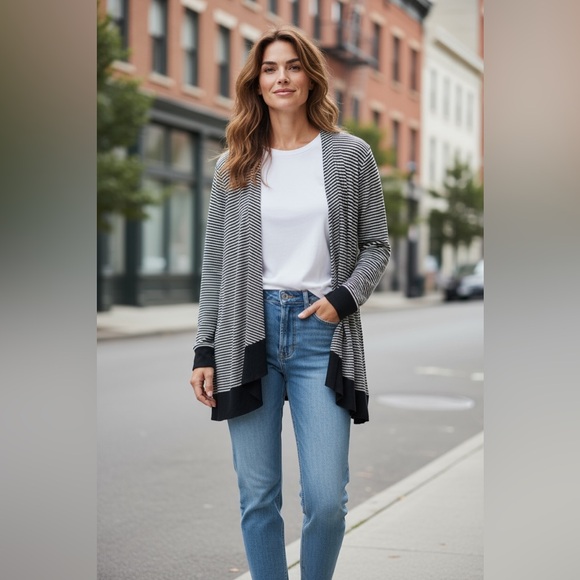 Premise Sweaters - Premise Studio Black and White Open Front Long‎ Sweater Cardigan Cover up